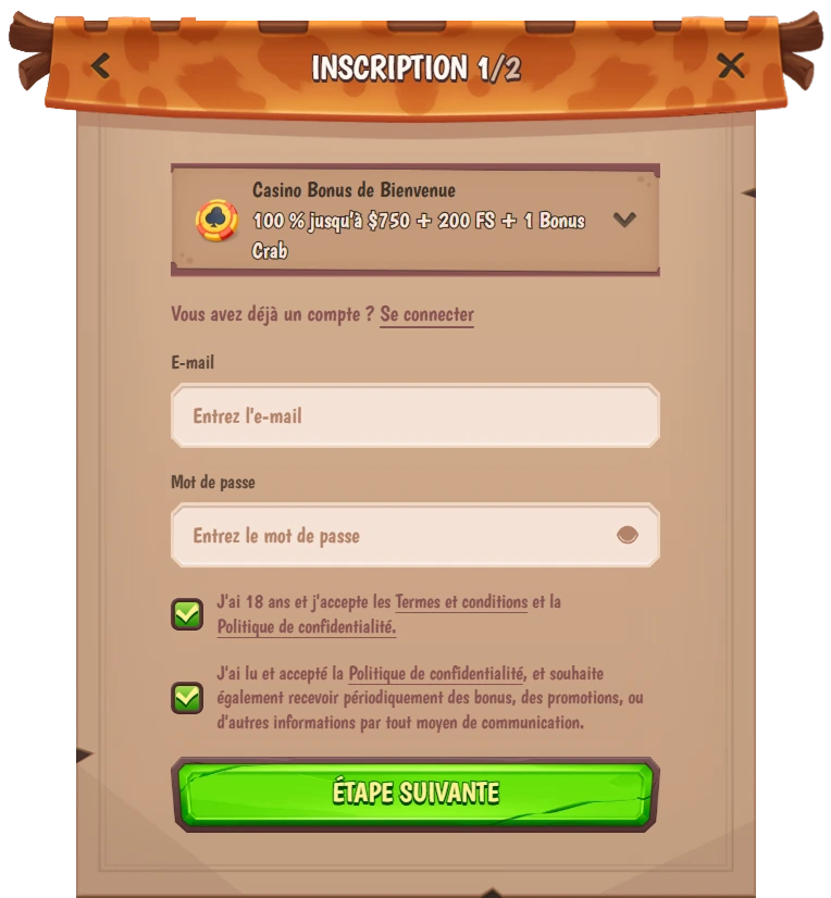 Formulaire d’inscription Stonevegas : email, mot de passe et bonus activé
