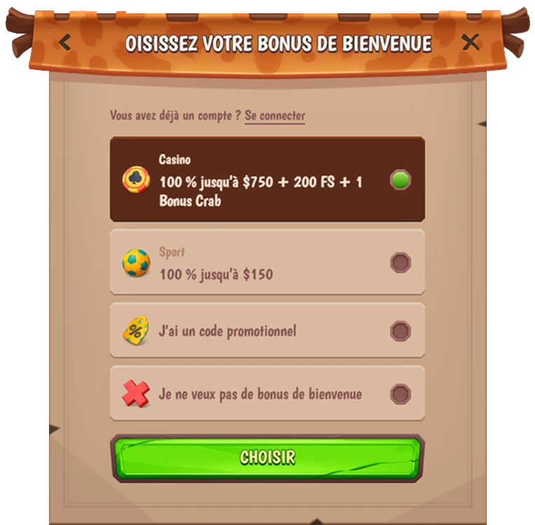 Écran de sélection du bonus Stonevegas : casino, sport, promo ou sans bonus